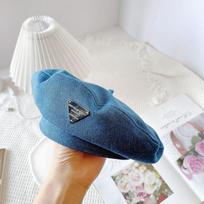 Japanese System Triangle Label Beret Female Summer Denim Niche Painter's Cap Casual Hundred Take Show Face Small Belle Cap mėlyna