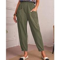 Casual Cotton And Linen Baggy Cropped Mid-waisted Pants With Pockets Summer Fashion Solid Loose Pants  Pantalon Femme L armijos žalia spalva