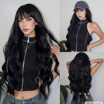Natūralūs juodi garbanoti ilgi banguoti sintetiniai perukai su kirpčiukais baltoms moterims Body Wave Dark Cosplay Lolita Hair Perukas Atsparūs karščiui 30inches juoda