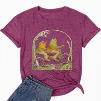 Fashion Women Frog Riding Bicycle Print T Shirt Funny Casual O-neck Short Sleeves T-shirt Summer Female Tee Shirt XS raudona