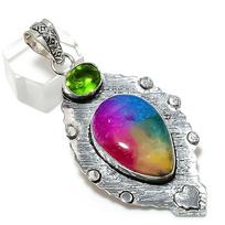 Rainbow Solar Quartz, Peridot Gemstone 925 Sterling Silver Pendant 2.76  T0K40 gray