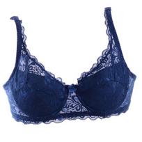 2023Women Sexy Underwear Lingerie Ultrathin Cotton Lace Bra Deep V Push Up Brassiere Breathable 75B tamsiai mėlyna spalva