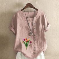 Women's Fashion Tulips Prined Short Sleeve T-shirt Loose Cotton Shirt Casual Loose Summer Blouse Tops Plus Size S rožinė