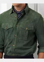 Men Handmade Stylish Party Casual Designer New Green Soft Suede Leather Shirt S žalia