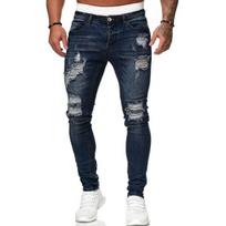 European And American Men'S Pants With Holes, Worn White, Slim Fit Denim Pants, Fashionable Small Leg Pants For Men S tamsiai mėlyna spalva
