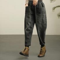 Woman Baggy Hight Waist Harem Jeans Korean Streetwear Ankle Length Denim Pants Spring Fall Vintage Casual Pocket Kot Pantolon XXL juoda