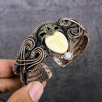 Natural Cameo, Moonstone Gemstone Copper Wire Wrap Cuff Bangle Adjustable A6O57