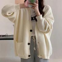 Autumn Vintage V-neck Loose Women's Sweater Jacket Fashion Solid Long Sleeve Casual Knitted Cardigans Women Winter Tops Elegant Knitwear Coat 24817 One Size balta