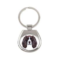 Anglų springerspanielis - geometrinis raktų pakabukas su nuotrauka ir užrašu Art-Dog balta