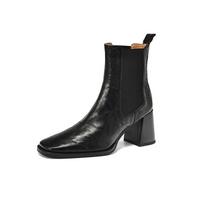 Krazing Pot Sheepskin Autumn Winter Shoes Thick High Heels Chelsea Boots Square Toe Keep Warm Slip on Ankle Boots 34 juoda