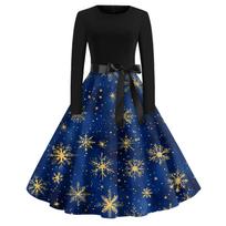 Halloween Print Flare Dress For Women Long Sleeve Dress Hollow Party Casual Round Neck Dresses XL mėlyna
