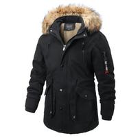 Vyriškos žieminės striukės su gobtuvu su kailiu apykakle Vilnos šiltos ilgos striukės šiltos parkas Vyriškos laisvalaikio pūkinės striukės XXXL juoda