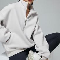 Casual Sweatshirts Half Zip Women Pullover Overzised Hoodie Solid Color Stand Collar Long Sleeve Tops XXL balta