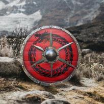 Jormungandr Plank Viking Shield su plieniniais petnešomis – 24 colių dekoratyvinis sienų menas ir istorinė kopija 24 Inch raudona