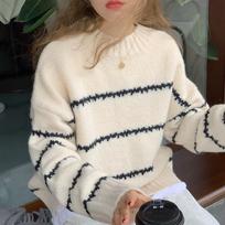 Retro Sweater Women's Japanese Lazy Loose Sweater Autumn/Winter Long Sleeve Knitted Shirt Striped Half High Collar Hoodie S balta
