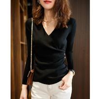 Autumn And Winter Slim Fit Casual Knitted V-neck Sweaters Women Solid Elegant Long Sleeve Woman Sweater Fashion Base Ruched Lady Knitwears Tops 31041 One Size juoda