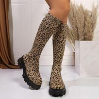 Moteriški batai Nauji Leopard laisvalaikio batai moterims Rudeniniai elastiniai batai iki kelių Moteriški suvarstomi lauko batai iki šlaunų 35 black