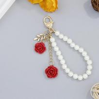Fashion Resin Rose Flowers Keychain Acrylic Pearl Beaded Cellphone Lanyard Keychain Backpack Charm Accessory Car Key Key Chain