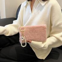 Elegant Plush Clutch Bags for Women  Autumn Winter New Pearl Chains Party Bags Casual Simple Large Capacity Wallet