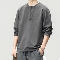 American Retro Crew Neck Long-Sleeved T-Shirt Men'S Autumn Heavy Cotton Sweater Loose Trendy Henry Neck Bottoming Shirt S gray
