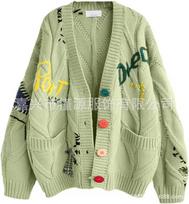 Fashion Lazy Wind Embroidered Sweater Women's Autumn and Winter Letter Design Sense Loose Knitted Sweater Jacket Tide average size žolės žalia spalva