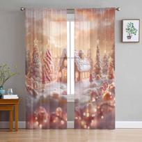 Christmas And Winter Candy Gingerbread Curtains For Living Room Bedroom Home Decoration Window Voile Tulle Curtain Drapes W135 x H114cm beige
