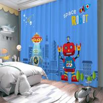 New Cartoon Earth Planet Space Astronaut Rocket Print High Shading Curtain Children's Room Living Room Window Curtain 2Pcs Home W55 X H120cm X 2&HOOK