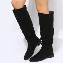 New High Quality Pleated Boots Women Black Nude Faux Suede Flock Knee High Boots Ladies Flat Autumn Winter Dress Shoe 35 juoda