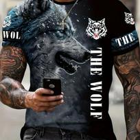 New Wolf T-shirt For Men 3D Animal Print Pullover O Neck Casual Short Sleeve Tees Fashion Street Sweatshirt Male Oversized Tops S gray