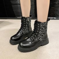 Fashion 2024 New Women's Boots High Quality Cross Lace Women's Fashion Leopard Print Casual Women's Round Toe Mid-calf Boots 35 juoda