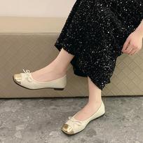 Fashion Ballet Flats Classic Shoes Women Basic Leather Tweed Cloth Two Color Splice Bow Round Shoes Fashion Flats Women Shoes 35 smėlis