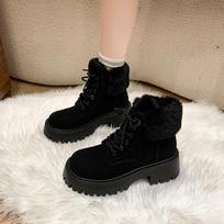 Fashion Fur Leopard Chunky Woman Ankle Boots Suede Fashion Mid Heels Walking Shoes 2024 Winter New Brand Short Plush Snow Botas Mujer 35 juoda