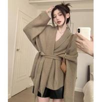 Autumn and Winter New High-grade Feeling Lazy Sweater Coat Women's Thick Loose Waist Strap Knit Cardigan One size