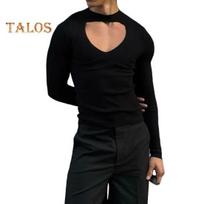Vyriški viršutiniai tuščiaviduriai elastiniai ilgomis rankovėmis Slim Fit vienspalviai marškinėliai su kaklu, skirti klubiniams vakarėliams Gėjų vyriški Cosplay drabužiai S juoda