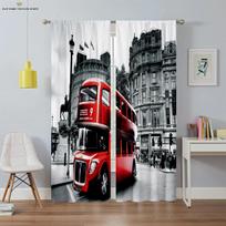 Amerikietiško retro juodai balti miesto pastatai autobusas 3D spaudos užuolaidos, tinkančios miegamajam, svetainei, darbo kambariui, dekoratyvinės W50X130H(CM)X2PCS&Grommet Top