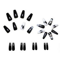 Christmas Press on Nails Coffin Winter False Nails with Tree Reindeer Designs Full Cover Christmas Stick on Nail 24Pcs black