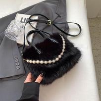 Pasakų Rankinė Su Perlo Grandinėle Pliušinis Mažas Kvadratinis Krepšys Moterims Madingas Elegantiškas Peties Crossbody Krepšys Rudens Žiemos Universalūs Tote Krepšiai juoda