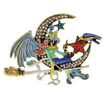 Witch Sitting On The Moon Brooch Vintage Funny Halloween Pin Diamond Costume Accessories
