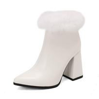 Women's high-heeled short boots autumn and winter new pointed thick-heeled warm large-size rabbit fur short boots 34 balta