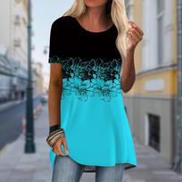 Plus Size Women Spring Blue Background Big Flower Printed Comfy Short Sleeve Round Collar T-shirt Casual Baggy Mid Length Tee Tops XS mėlyna