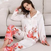 Mulberry Silk Printed Women's Satin Pajamas Women's Sleeping Two-Piece Long Pajamas Women's Home Clothes Elegant Silk Pajamas Set M
