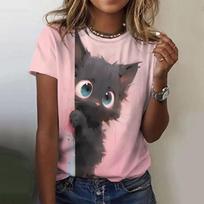 Madingas moteriškas katės zondas T-shirt Juokingas laisvalaikio O-kaklo trumpomis rankovėmis T-shirt Vasaros moteriškas marškinėlis XS rožinė