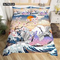 Japoniškas gervės užvalkalas Sea Wave patalynės komplektas Full King mikropluošto Ukiyoe etninis Fuji kalnų vyšnių žiedų antklodės EU single(135x200cm) white