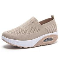 Women's Casual Sports Socks Sneakers Fashion Thick Sole Air Cushion Elevated Sloping Heel Rocking Shoes Women Slip-on Zapatillas 36 beige