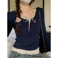 French ballet style fungus stitching fake two-piece long-sleeved T-shirt women's design bow bm short top autumn S