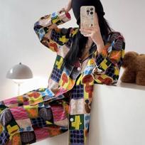 Literary Cartoon Cute Casual Lazy Women's Pajamas Retro Trend Harajuku Homewear  Autumn Winter New Long Sleeved+pant 2pc Set L