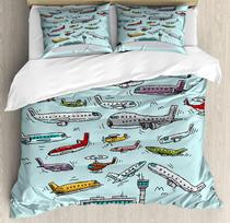 Airplane Bedding Set For Bedroom Bed Home Planes Fying in Air Aviation Love Airport Helico Duvet Cover Quilt Cover Pillowcase EU single(135x200cm)