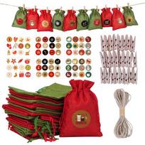 24 Sets Christmas Advent Calendar Drawstring Bag with Stickers Wooden Clips Ropes DIY Hanging Countdown Candy Gift Pouch A gray