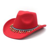 Flowing Beads Tibetan Style Top Hat Jazz Dance Men'S And Women'S Big Eaves Hat M（56-58cm） raudona
