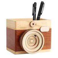 Wooden Pen Holder Unique Vintage Camera Shaped Desk Pencil Holder Organizer for Study Office Single pen holder